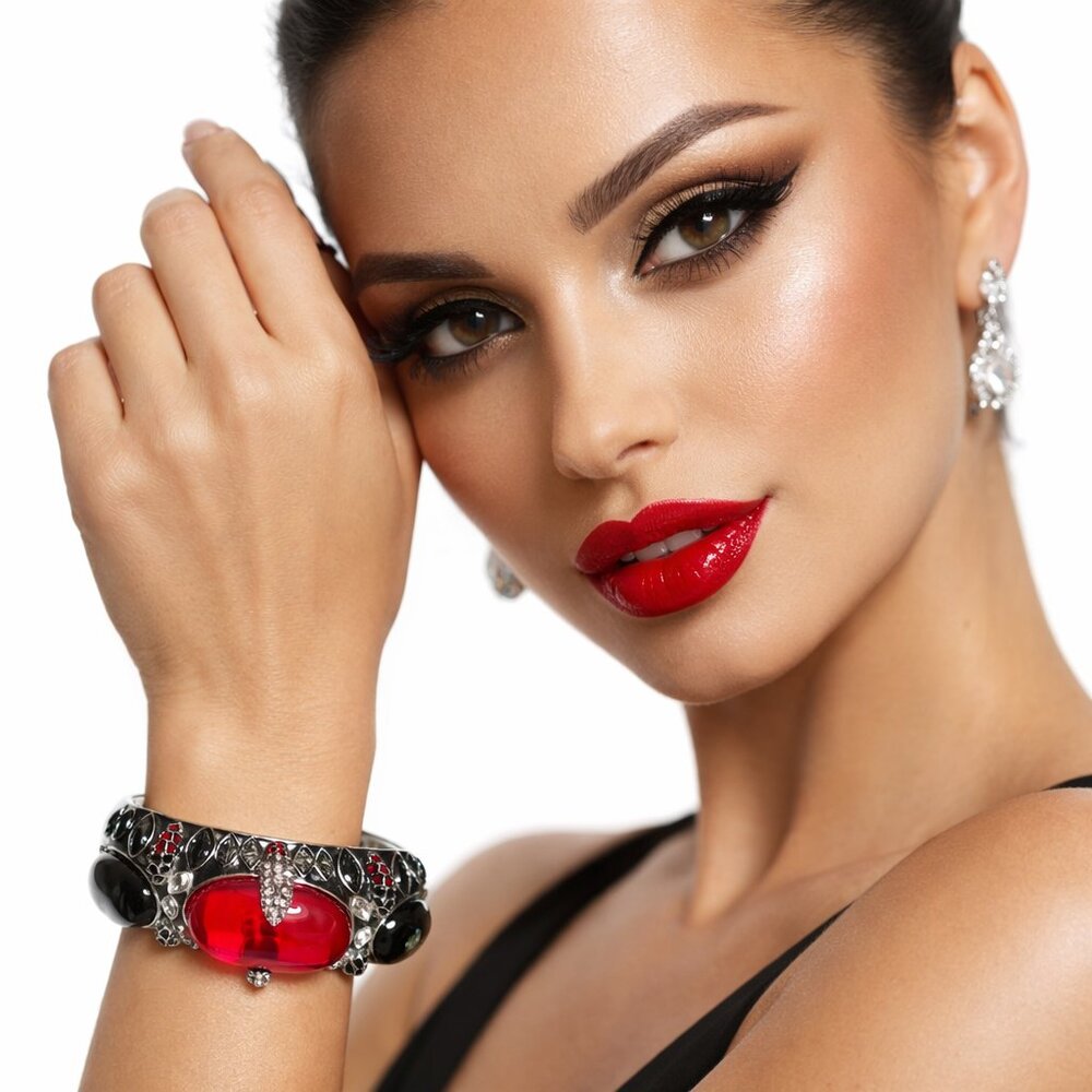 Signed Swarovski Silver Cuff with Red and Black Cabochon Crystals‎
